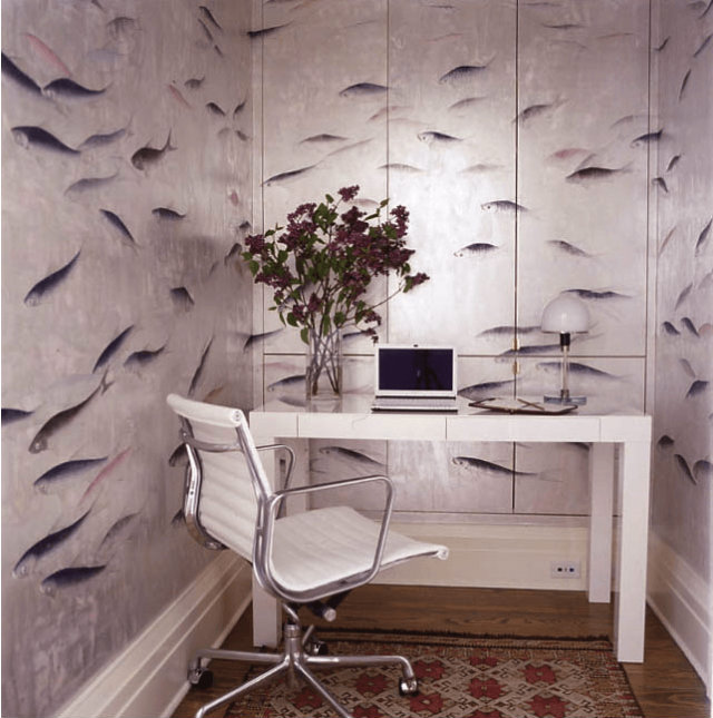 Small Home Offices Inspirations  Small Black and White Home Office Inspirations Small Home Offices fish wall print white chair