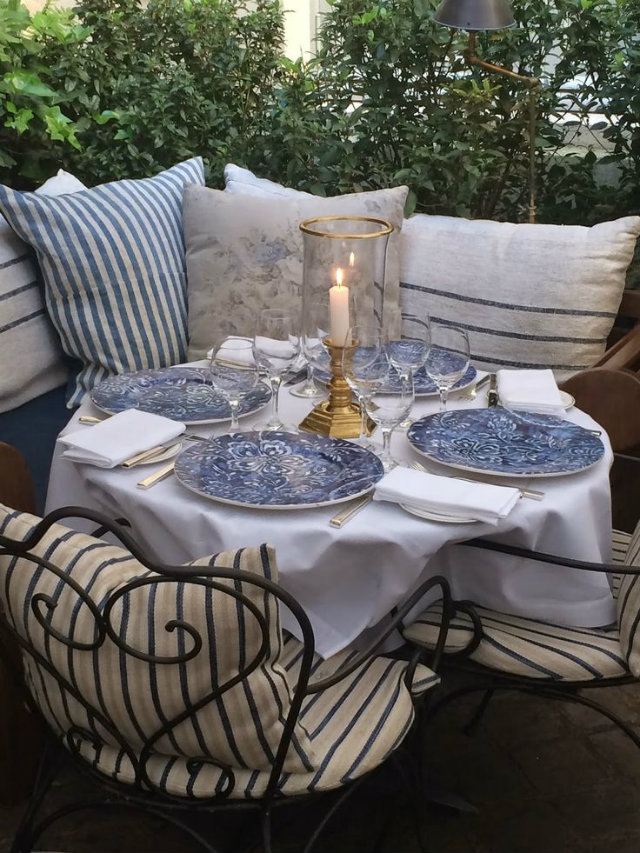 It's Time for Dinner Out! Summer Tables to die for.   It&#8217;s Time for Dinner Out! Summer Tables to die for. Summer outdoor table pillows wrought chairs blue plates