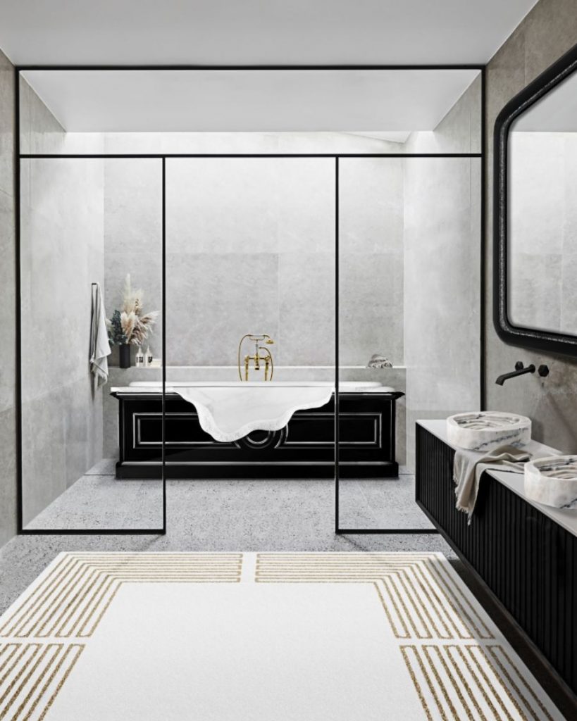 black bathtub, marble sink, white rug elli Elli Modern Interior Design Elli Modern Interior Design1 9 1 819x1024