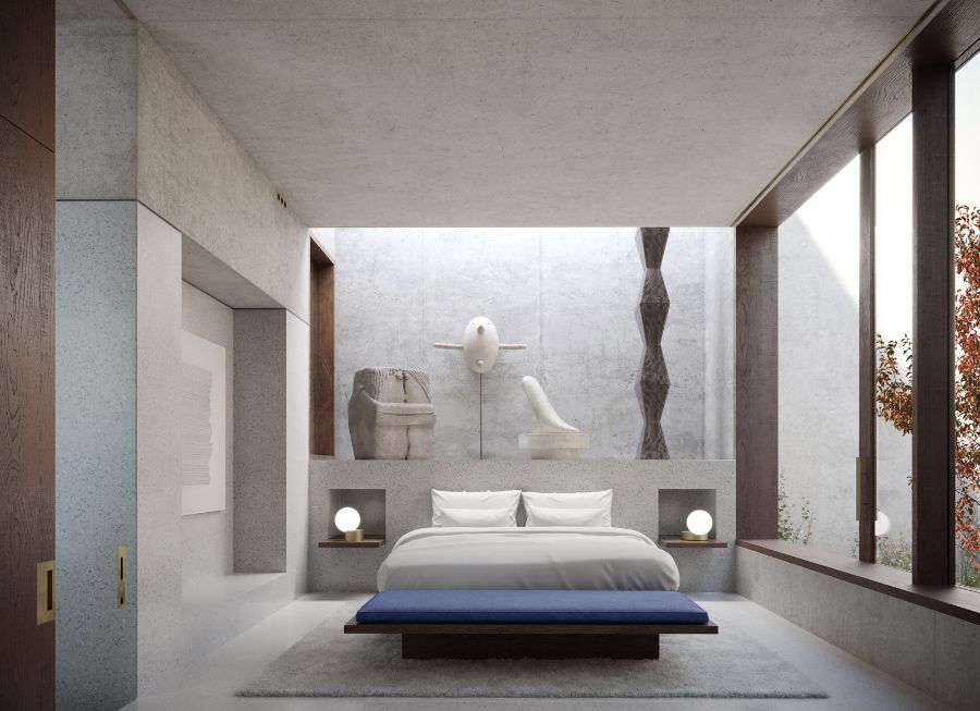 Bed, white pillows, table lamps, decorative elements, grey rug mesura Mesura: Get Inspired With Innovative Interior Designs Get Inspired By Mesura Innovative Interior Designs1 15 1
