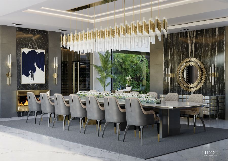 modern contemporary dining room with grey velvet dining chairs and modern lighting modern dining room Modern Dining Room: Rectangular Dining Tables &#038; Velvet Dining Chairs Modern Dining Room Ideas Rectangular Dining Table and Velvet Dining Chairs 8
