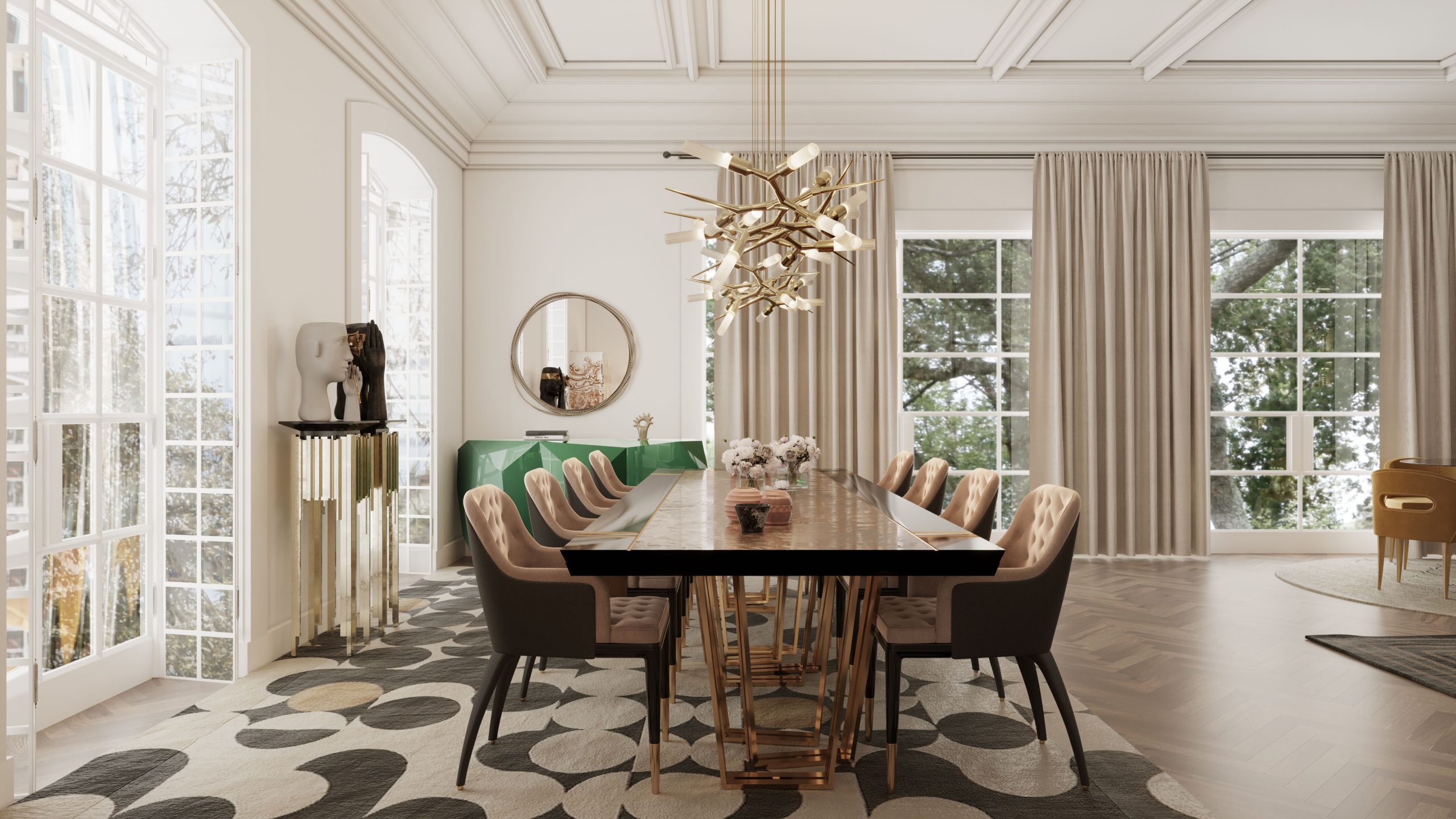 open space dining room design with rectangular wood and brass dining table and velvet upholstered dining chairs modern dining room tables Modern Dining Room Tables for Your Modern Midcentury Dining Room Design Modern Dining Room Tables for Your Modern Midcentury Dining Room Design 8 scaled