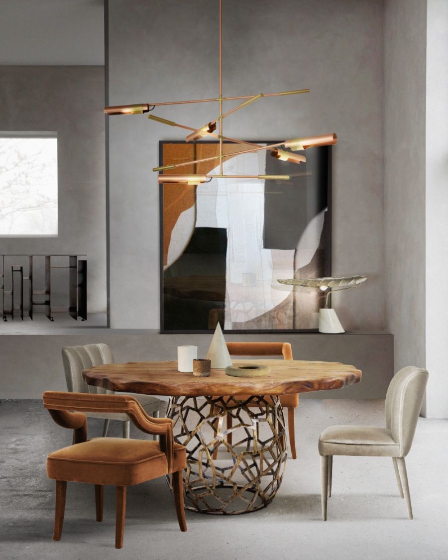 modern minimal dining room with orange velvet dining chairs and round wood dining table astonishingly interior design styles Astonishingly Interior Design Styles To Upgrade Your Dining Room Astonishingly Interior Design Styles To Upgrade Your Dining Room 1