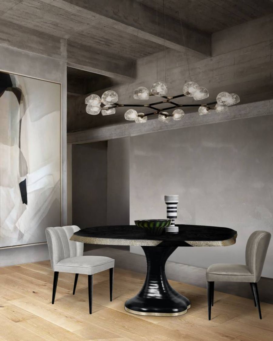 modern minimal dining room with grey velvet dining chairs and round black wood dining table astonishingly interior design styles Astonishingly Interior Design Styles To Upgrade Your Dining Room Astonishingly Interior Design Styles To Upgrade Your Dining Room 6