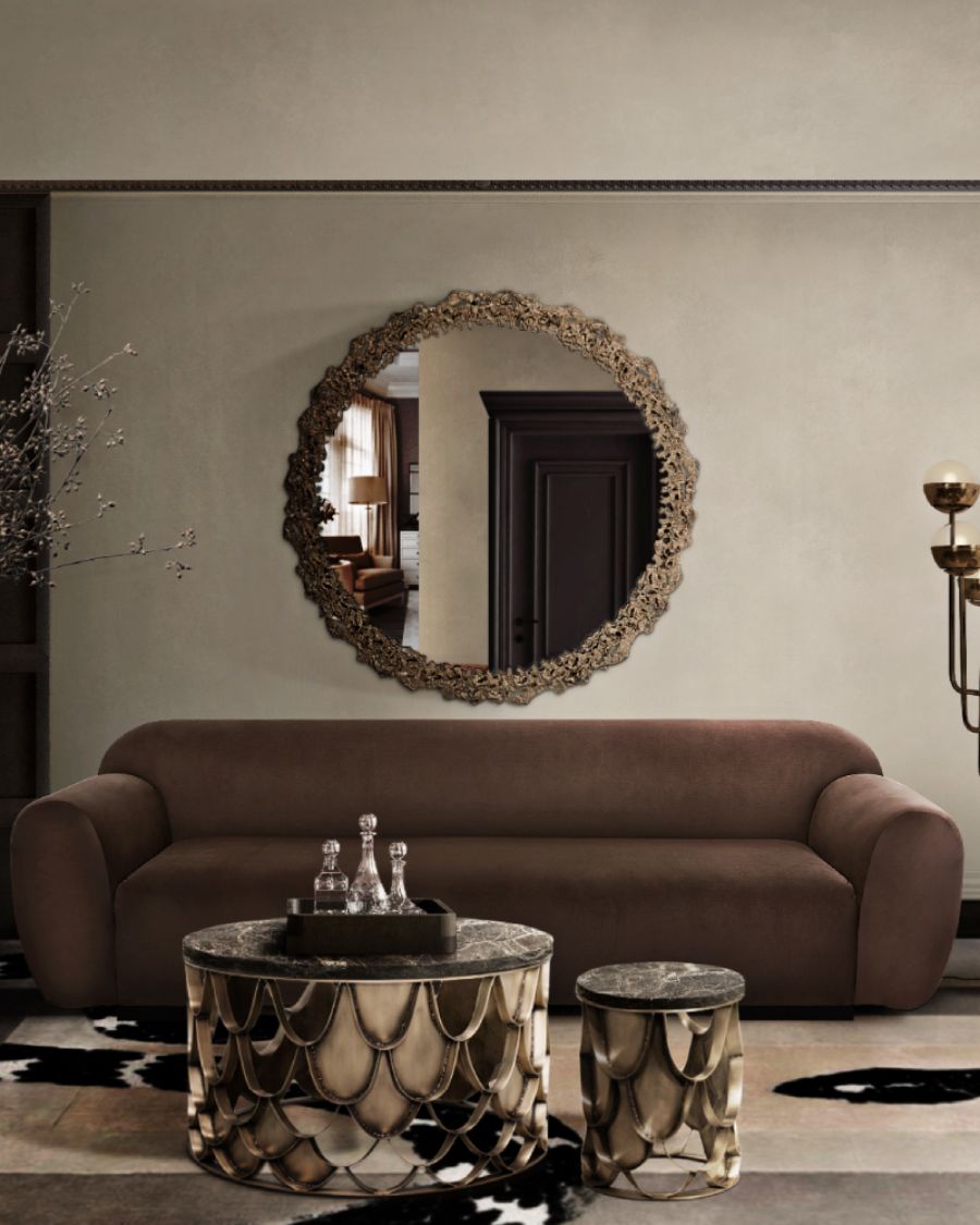 brown sofa, round brass mirror, golden center table and side table estudio marcos mela Estudio Marcos Mela Playful Designs Estudio Marcos Mela Playful Designs1 10 1