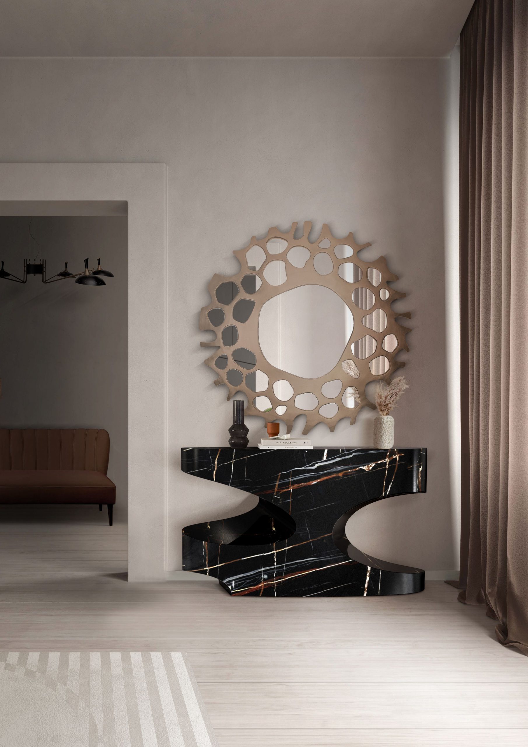 hallway with dark console and Helios mirror unique mirrors Unique Mirrors Inspirations to Spice Up Hallways Unique Mirrors Inspirations to Spice Up Hallways 2 scaled