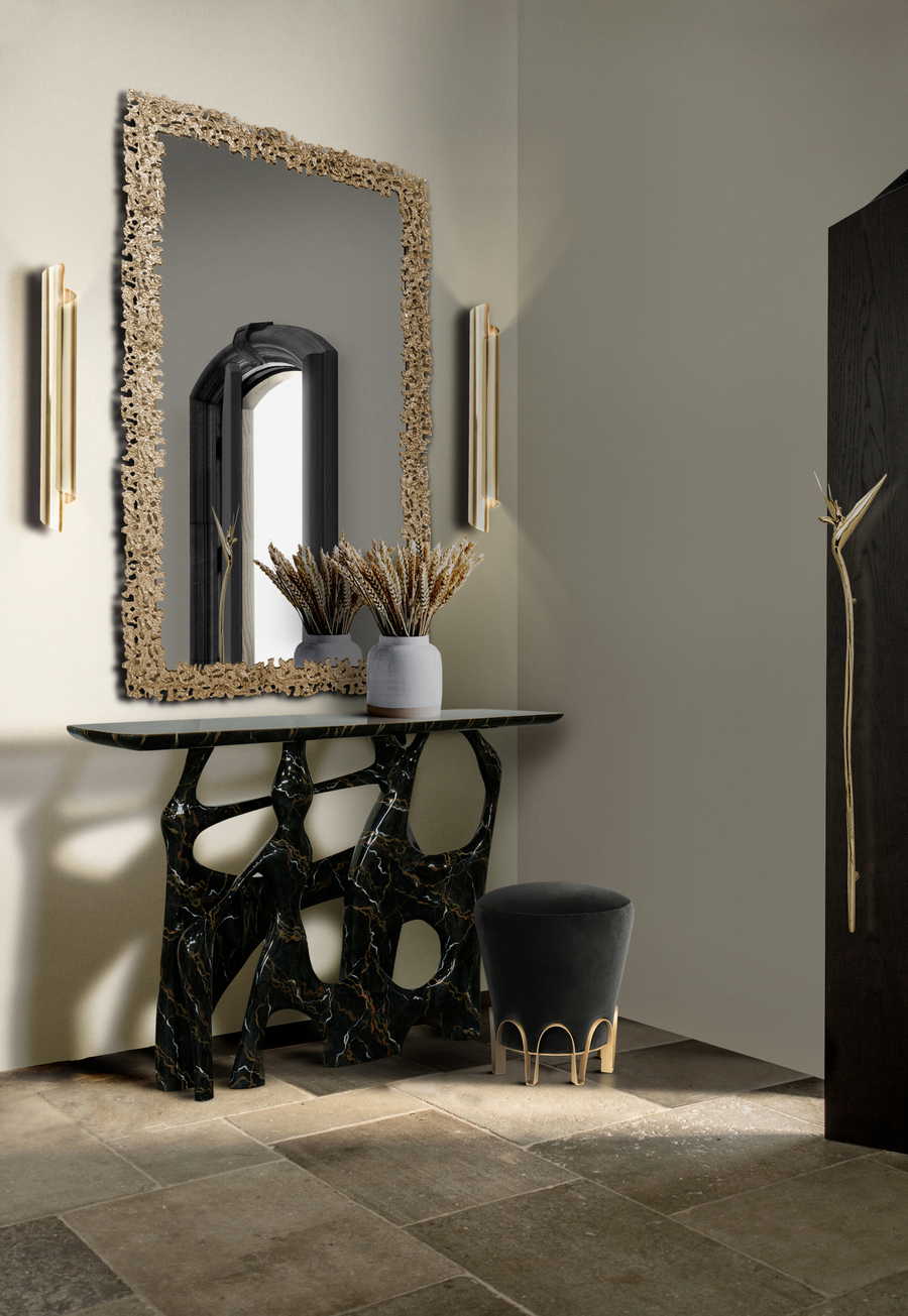 modern entryway design with square mirror and black and white console the best modern consoles The Best Modern Consoles for Hallways and Entryways BB ENTRYWAY 01