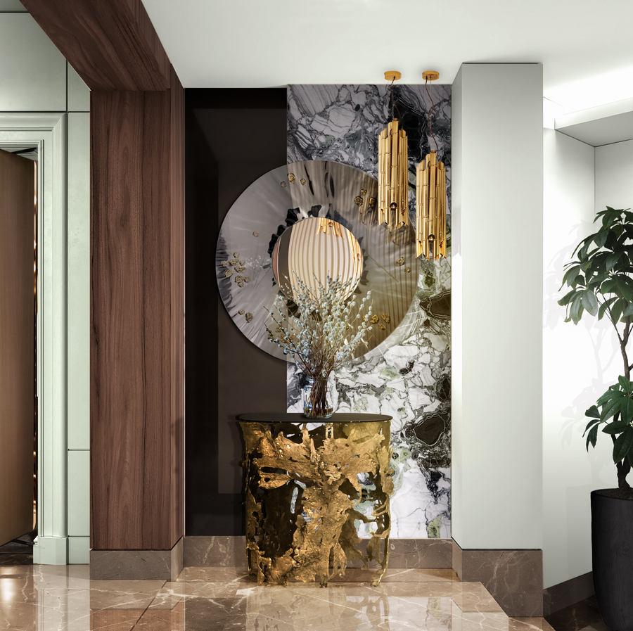 nature-inspired entryway with round grey mirror and black and golden console   BB ENTRYWAY 02 cay saki
