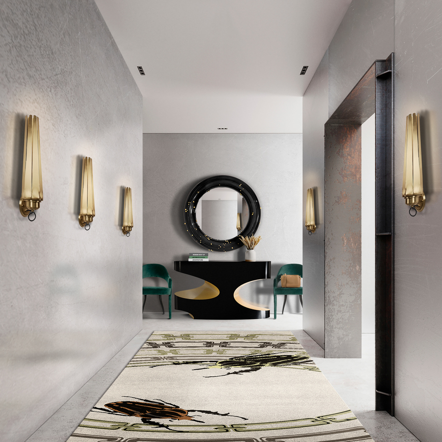 hallway design with round black mirror and black and gold console the best modern consoles The Best Modern Consoles for Hallways and Entryways BB ENTRYWAY 03 bryce