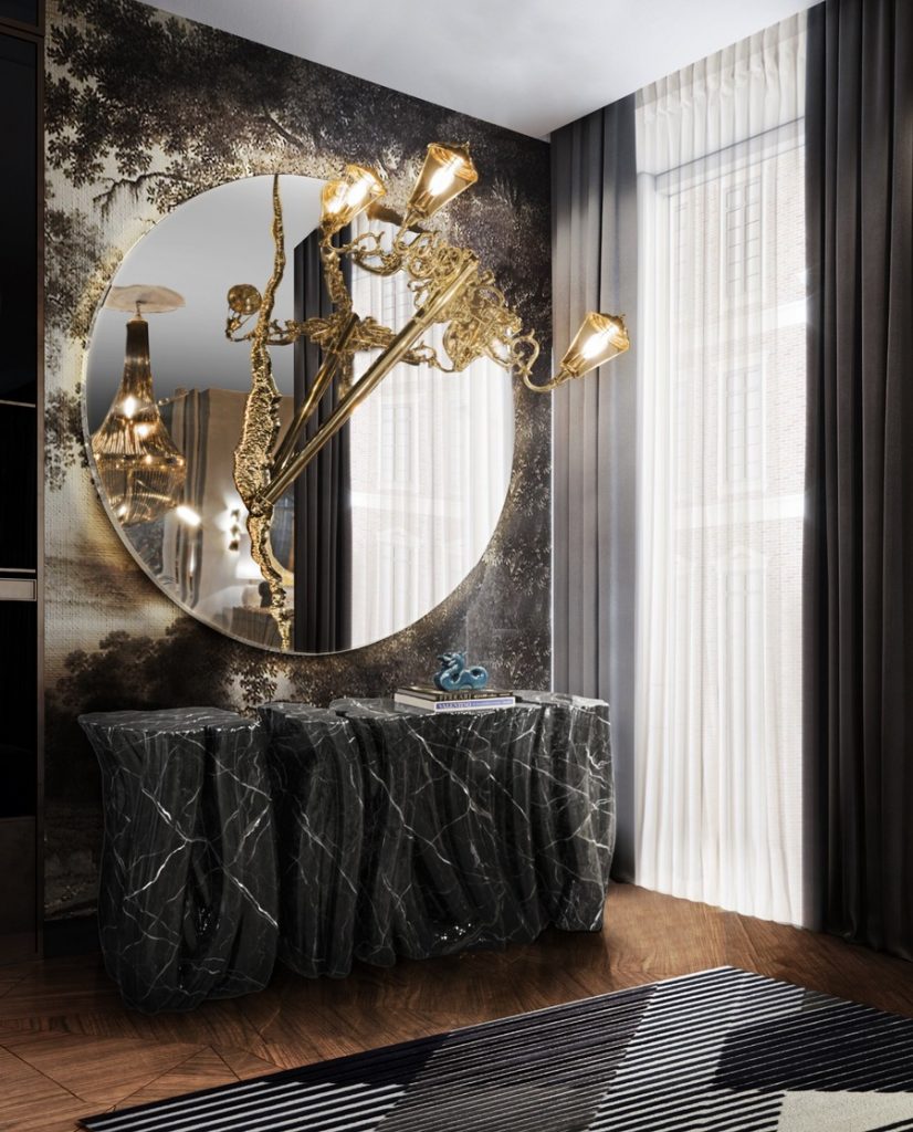golden mirror in a black hallway design modern round mirrors for hallways and entryways Modern Round Mirrors for Hallways and Entryways: Brass, Wood, Gold &#038; Silver BL3 826x1024