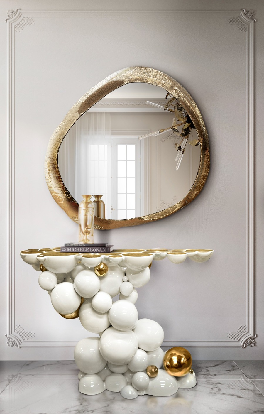 modern hallway design with golden mirror and white and gold console modern round mirrors for hallways and entryways Modern Round Mirrors for Hallways and Entryways: Brass, Wood, Gold & Silver BL5