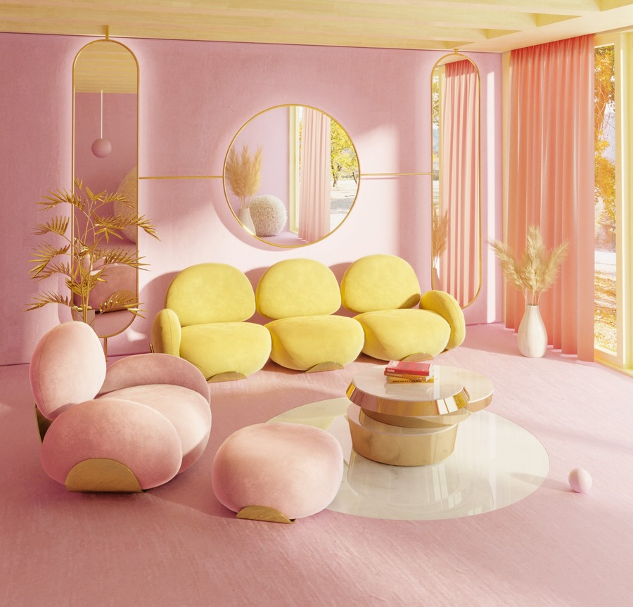 midcentury pink and yellow living room modern sofas for living rooms Modern Sofas Inspiration for Your Living Room EH2