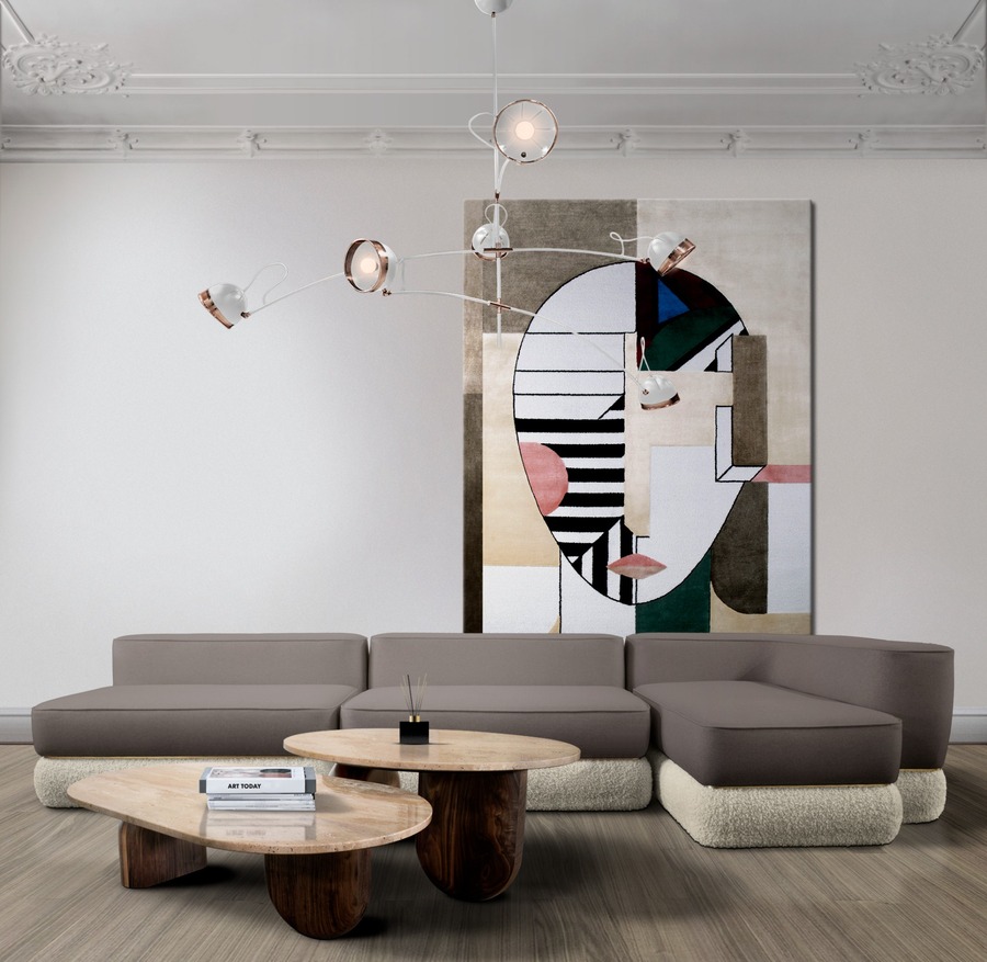 midcdentury living room decor with colourful rug and neutral tones modern sofas for living rooms Modern Sofas Inspiration for Your Living Room EH4