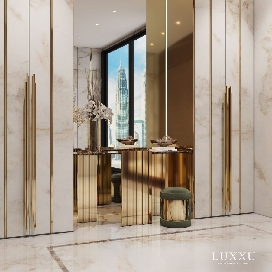 luxurious hallway with gold console the best modern consoles The Best Modern Consoles for Hallways and Entryways LX1