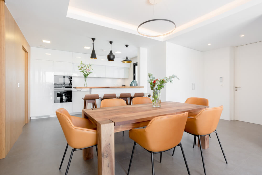 dining room with orange chairs and wooden table   Pietan Design Modern Style Inspirations1 1 1