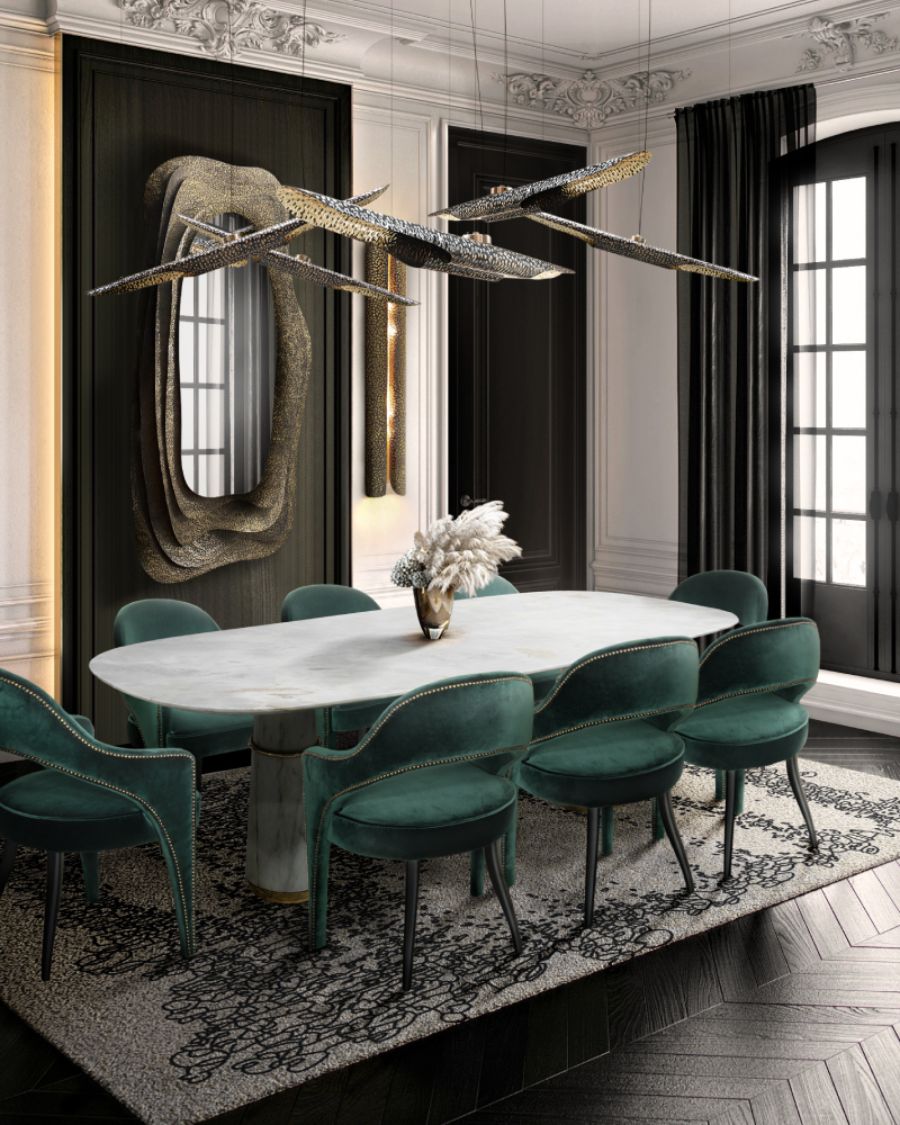 dining room by brabbu with green chairs, white marble table and golden pendant lights kiga Kiga Modern Style Inspirations Kiga Modern Style Inspirations1 9 1