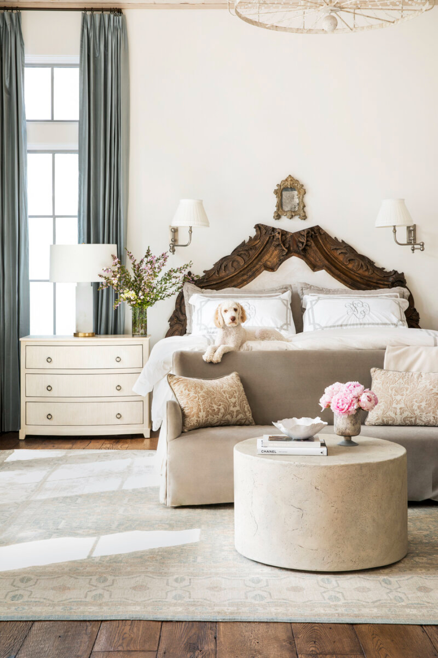 Interior Design Ideas From Marie Flanigan. A comfortable looking bedroom with a dog on the bed. interior design ideas Interior Design Ideas From Marie Flanigan 2420 180611 flanigan 1 cover shot 3 1