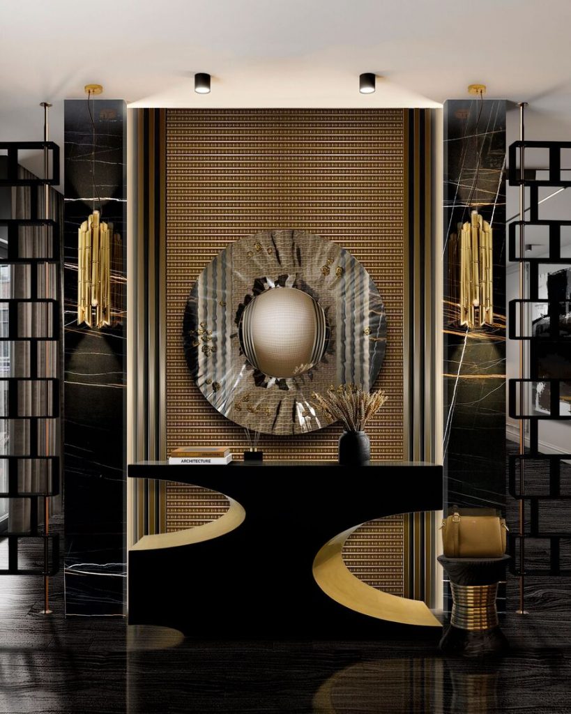 modern hallway with statement console in black and golden 10 hallway designs 10 hallway designs 10 hallway designs to inspire you 10 hallway designs to inspire you 8 819x1024