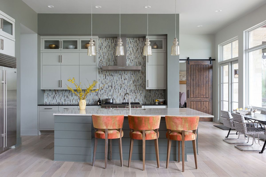 CDB Interiors: Modern Interior Design Ideas. A kitchen in grey tones. There's a kitchen island with three colorful upholstered stools. cdb interiors CDB Interiors: Modern Interior Design Ideas VELETTA PLACE CDB Interiors Modern Interior Design Ideas3