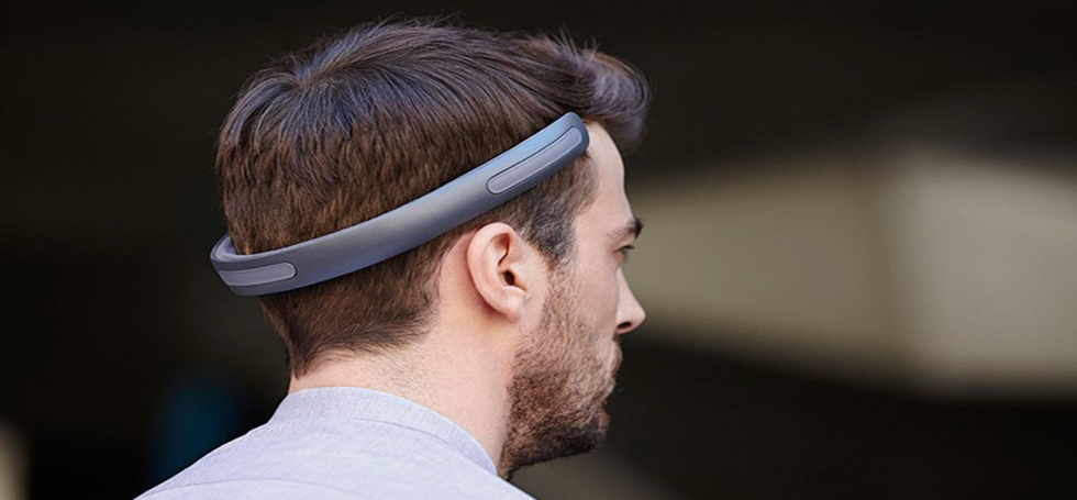 Headset transmits sound through the bones